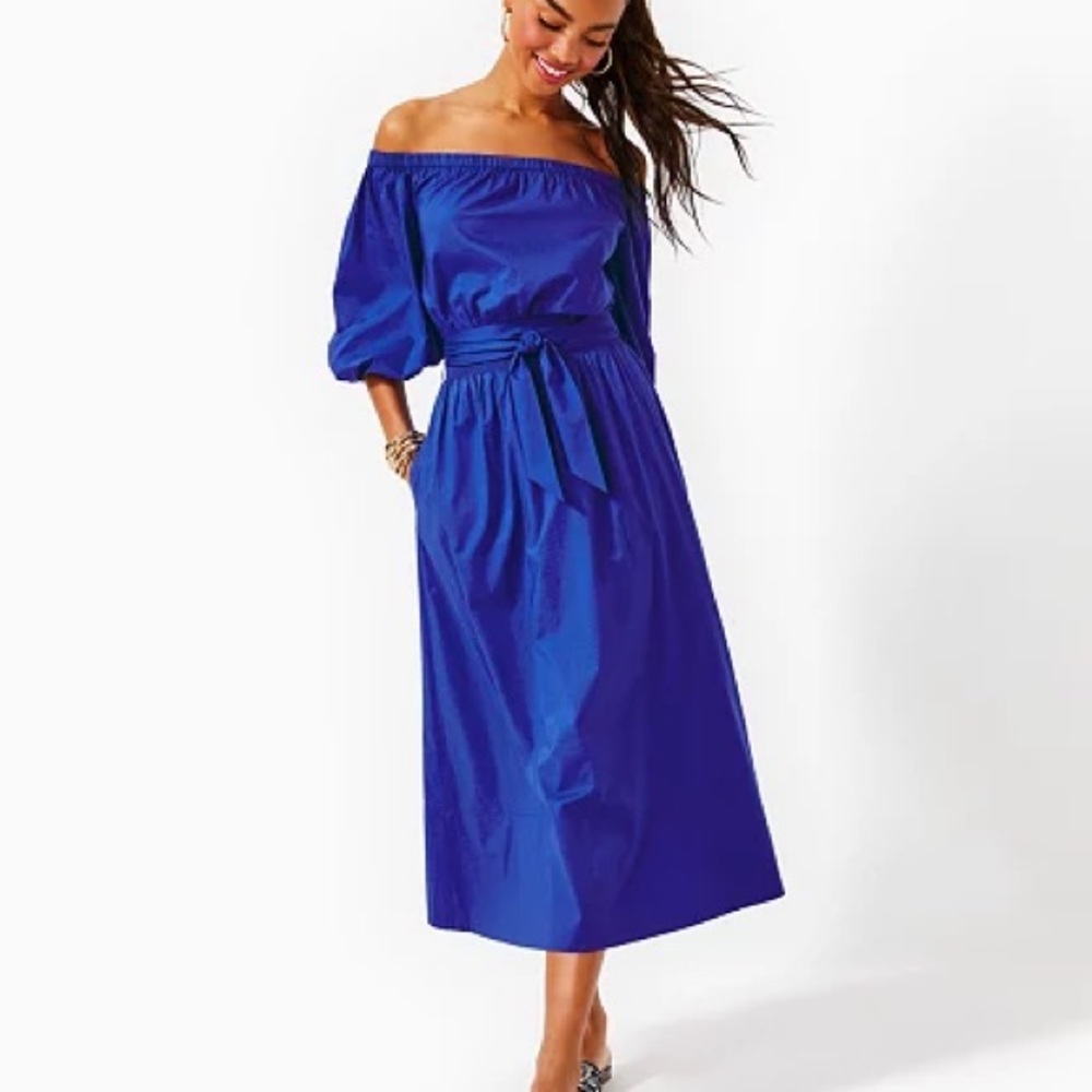 Lilly Pulitzer Toya Blue Off-Shoulder Midi Dress with Puff Sleeves and Tie Waist